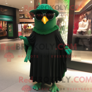 Mascot character of a Green Blackbird dressed with a Empire Waist Dress and Sunglasses