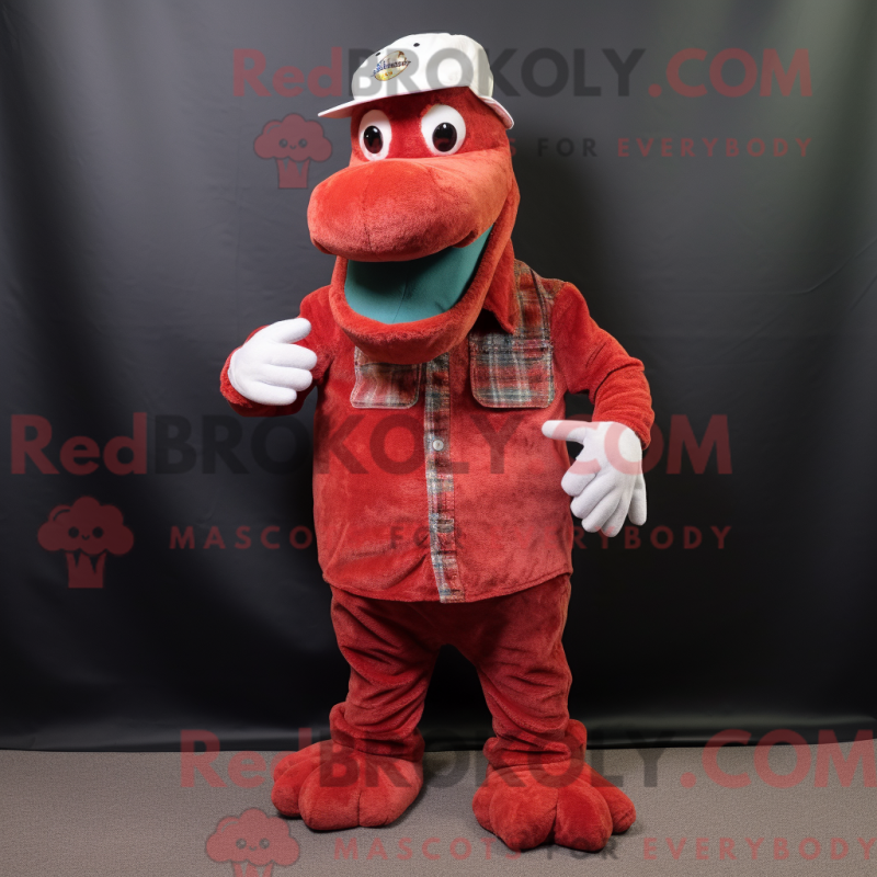 Mascot character of a Red Loch Ness Monster dressed with a Corduroy Pants and Hat pins