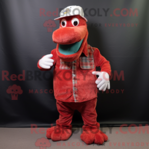 Mascot character of a Red Loch Ness Monster dressed with a Corduroy Pants and Hat pins
