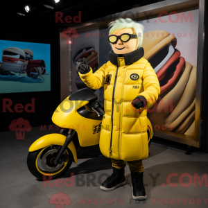 Mascot character of a Yellow Sushi dressed with a Biker Jacket and Eyeglasses
