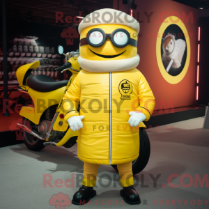 Mascot character of a Yellow Sushi dressed with a Biker Jacket and Eyeglasses