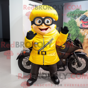 Mascot character of a Yellow Sushi dressed with a Biker Jacket and Eyeglasses