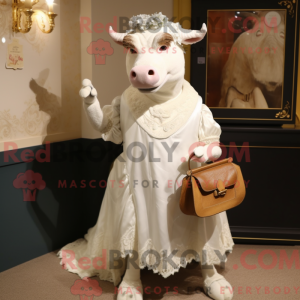 Mascot character of a White Beef Stroganoff dressed with a Wedding Dress and Clutch bags