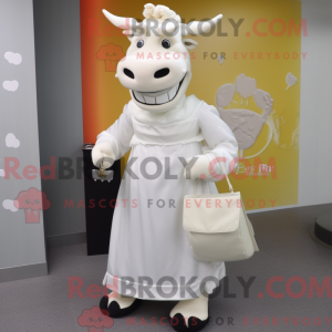 Mascot character of a White Beef Stroganoff dressed with a Wedding Dress and Clutch bags