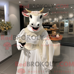 Mascot character of a White Beef Stroganoff dressed with a Wedding Dress and Clutch bags