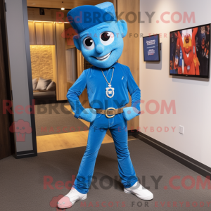 Mascot character of a Blue Tikka Masala dressed with a Bootcut Jeans and Lapel pins