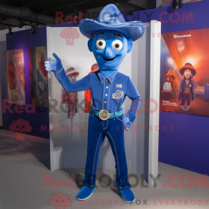 Mascot character of a Blue Tikka Masala dressed with a Bootcut Jeans and Lapel pins