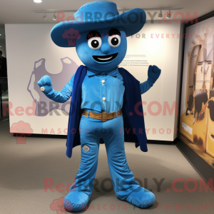 Mascot character of a Blue Tikka Masala dressed with a Bootcut Jeans and Lapel pins