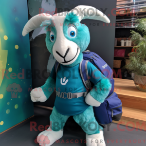 Mascot character of a Teal Goat dressed with a Yoga Pants and Backpacks
