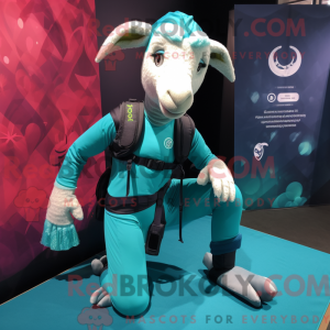 Mascot character of a Teal Goat dressed with a Yoga Pants and Backpacks