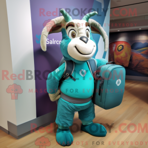 Mascot character of a Teal Goat dressed with a Yoga Pants and Backpacks