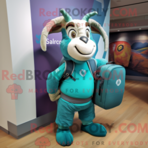 Mascot character of a Teal Goat dressed with a Yoga Pants and Backpacks