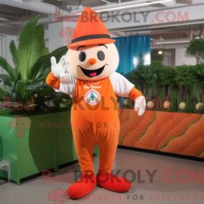 Mascot character of a Peach Carrot dressed with a Baseball Tee and Berets