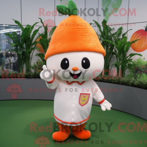 Mascot character of a Peach Carrot dressed with a Baseball Tee and Berets