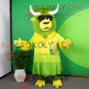 Mascot character of a Lime Green Yak dressed with a A-Line Dress and Sunglasses