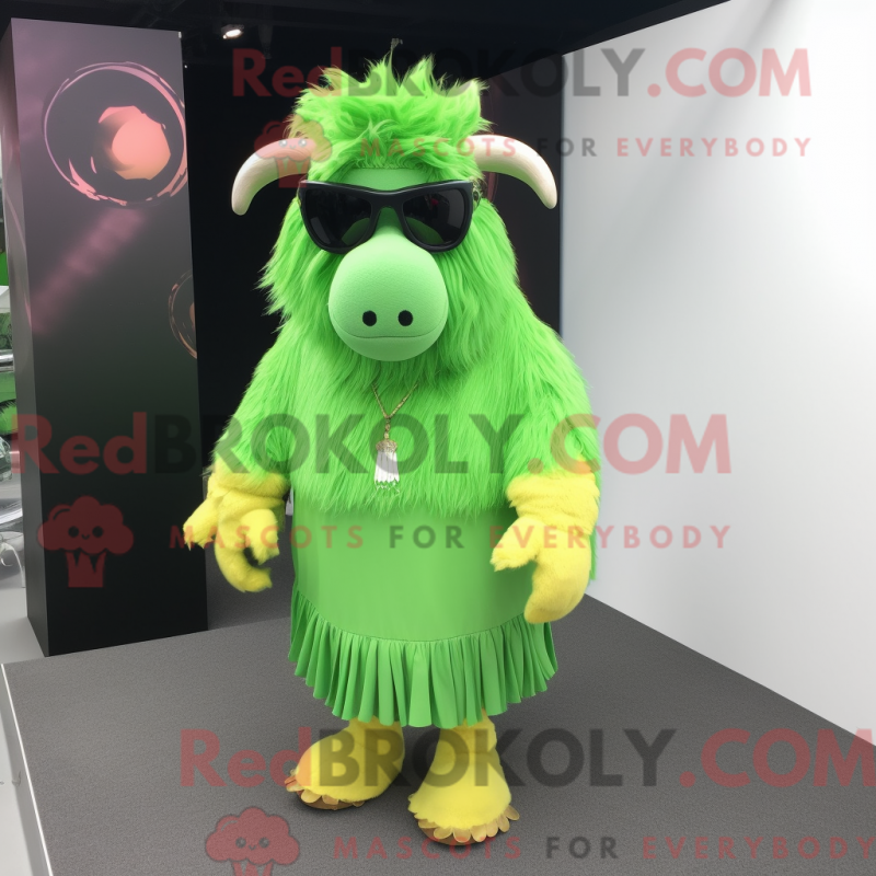 Mascot character of a Lime Green Yak dressed with a A-Line Dress and Sunglasses