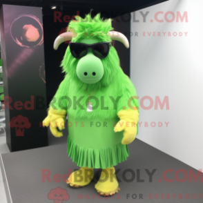 Mascot character of a Lime Green Yak dressed with a A-Line Dress and Sunglasses