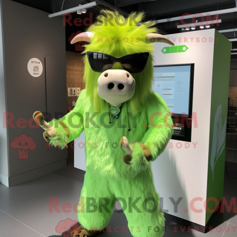 Mascot character of a Lime Green Yak dressed with a A-Line Dress and Sunglasses