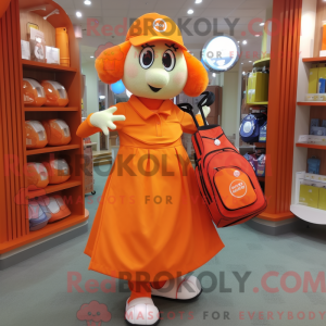 Mascot character of a Orange Golf Bag dressed with a Circle Skirt and Tote bags