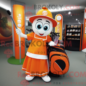 Mascot character of a Orange Golf Bag dressed with a Circle Skirt and Tote bags