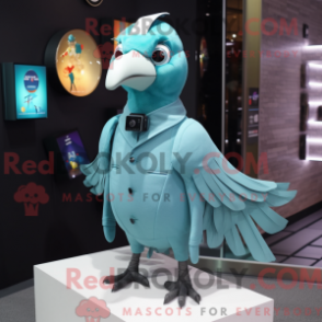 Mascot character of a Cyan Pigeon dressed with a Bodysuit and Lapel pins