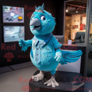 Mascot character of a Cyan Pigeon dressed with a Bodysuit and Lapel pins