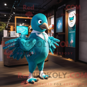 Mascot character of a Cyan Pigeon dressed with a Bodysuit and Lapel pins