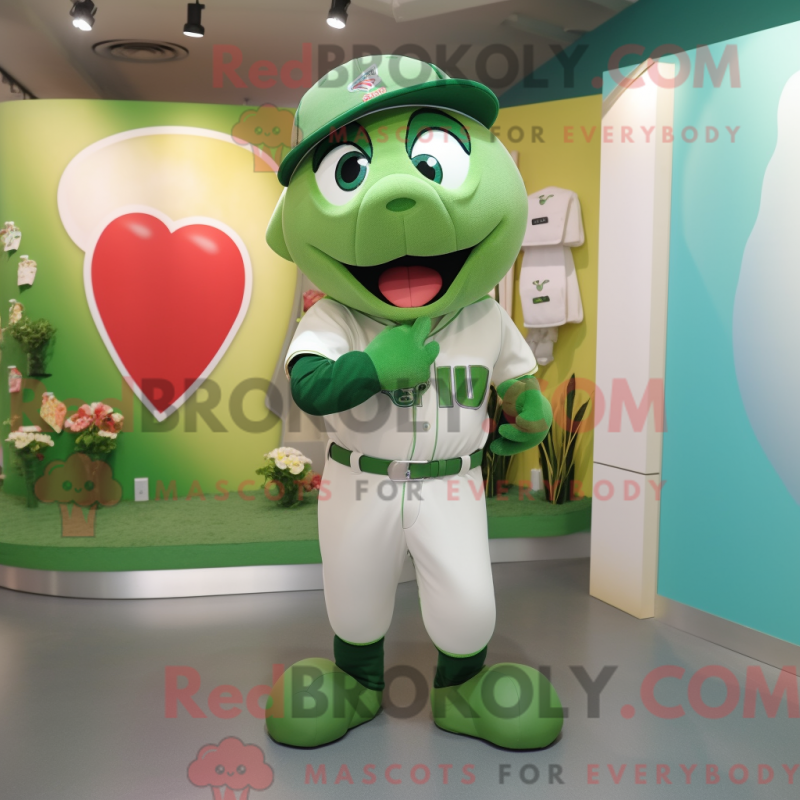 Mascot character of a Green Love Letter dressed with a Baseball Tee and Earrings