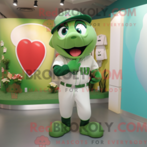 Mascot character of a Green Love Letter dressed with a Baseball Tee and Earrings