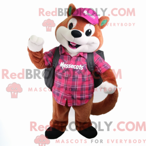 Mascot character of a Magenta Weasel dressed with a Flannel Shirt and Messenger bags