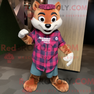 Mascot character of a Magenta Weasel dressed with a Flannel Shirt and Messenger bags