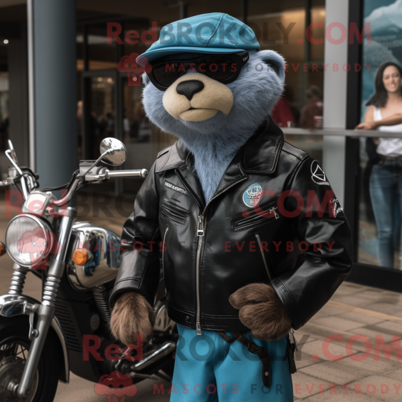 Mascot character of a Cyan Otter dressed with a Biker Jacket and Watches