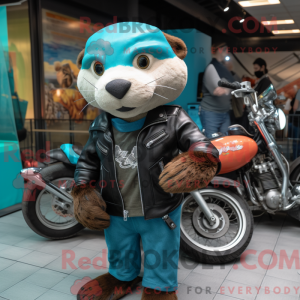 Mascot character of a Cyan Otter dressed with a Biker Jacket and Watches