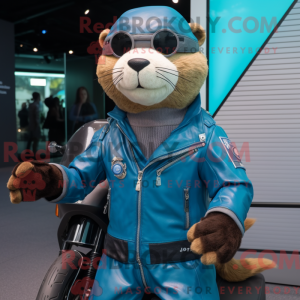 Mascot character of a Cyan Otter dressed with a Biker Jacket and Watches