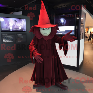 Mascot character of a Maroon Witch'S Hat dressed with a Trousers and Gloves