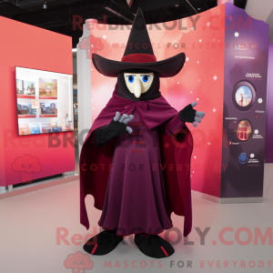 Mascot character of a Maroon Witch'S Hat dressed with a Trousers and Gloves