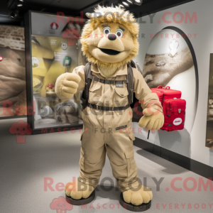 Mascot character of a Beige Wrist Watch dressed with a Cargo Pants and Backpacks