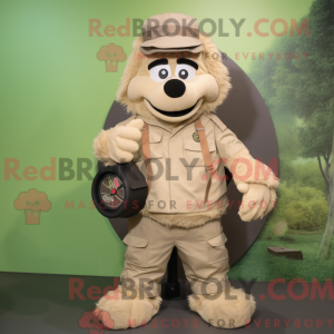 Mascot character of a Beige Wrist Watch dressed with a Cargo Pants and Backpacks