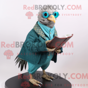 Mascot character of a Teal Guinea Fowl dressed with a Jacket and Reading glasses