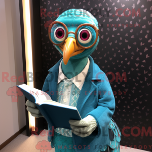 Mascot character of a Teal Guinea Fowl dressed with a Jacket and Reading glasses