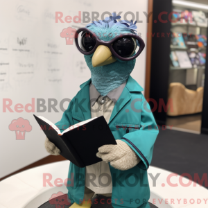 Mascot character of a Teal Guinea Fowl dressed with a Jacket and Reading glasses