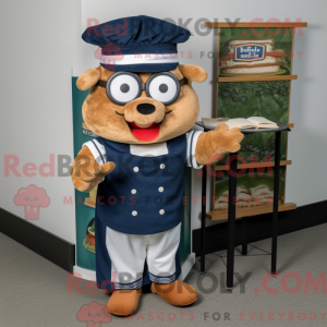 Mascot character of a Navy Pulled Pork Sandwich dressed with a Romper and Reading glasses