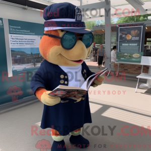 Mascot character of a Navy Pulled Pork Sandwich dressed with a Romper and Reading glasses