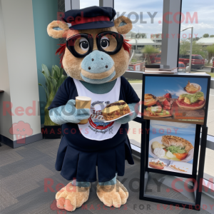 Mascot character of a Navy Pulled Pork Sandwich dressed with a Romper and Reading glasses