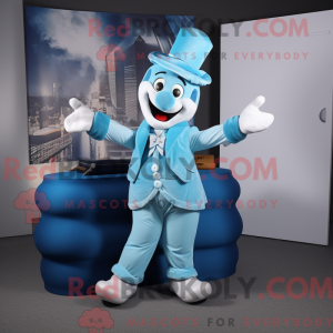 Mascot character of a Sky Blue Contortionist dressed with a Waistcoat and Wallets