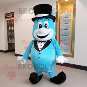Turquoise Candy Box mascot costume character dressed with a Tuxedo and Shoe laces