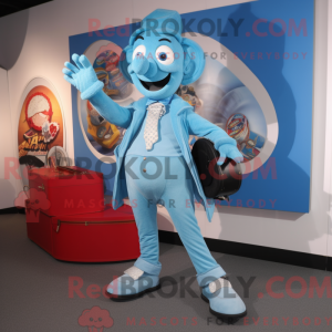 Mascot character of a Sky Blue Contortionist dressed with a Waistcoat and Wallets