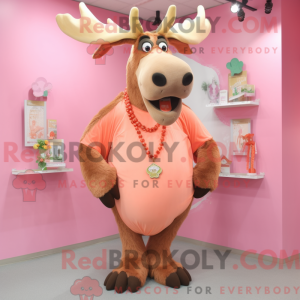 Mascot character of a Peach Moose dressed with a Long Sleeve Tee and Necklaces