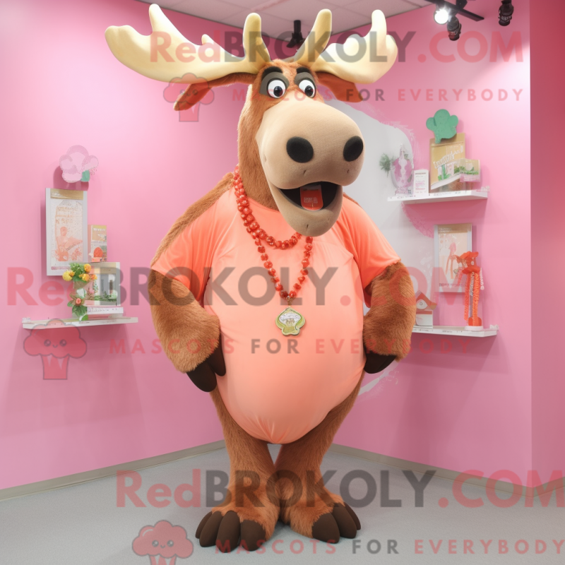 Mascot character of a Peach Moose dressed with a Long Sleeve Tee and Necklaces
