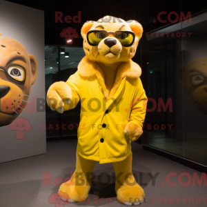 Mascot character of a Lemon Yellow Smilodon dressed with a Coat and Eyeglasses